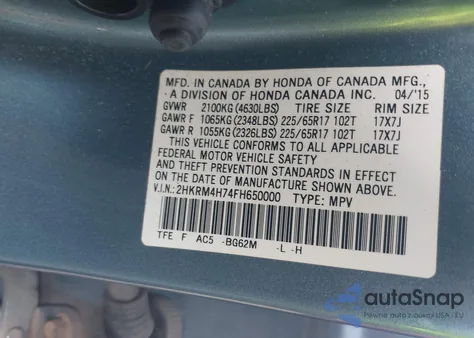 2015 Honda Cr-V Ex-L from USA, damaged, VIN 2HKRM4H74FH650000